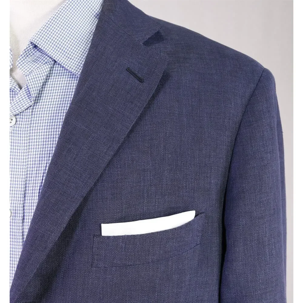 Trillon by Belvest Blue Wool Linen Silk Patch Pocket 3/2 Roll Blazer Jacket 44R